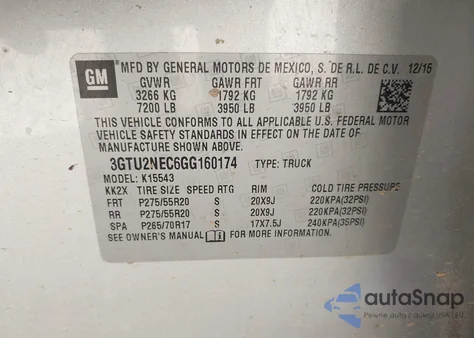 2016 GMC Sierra 1500 Slt z USA, uszkodzony, nr VIN 3GTU2NEC6GG160174